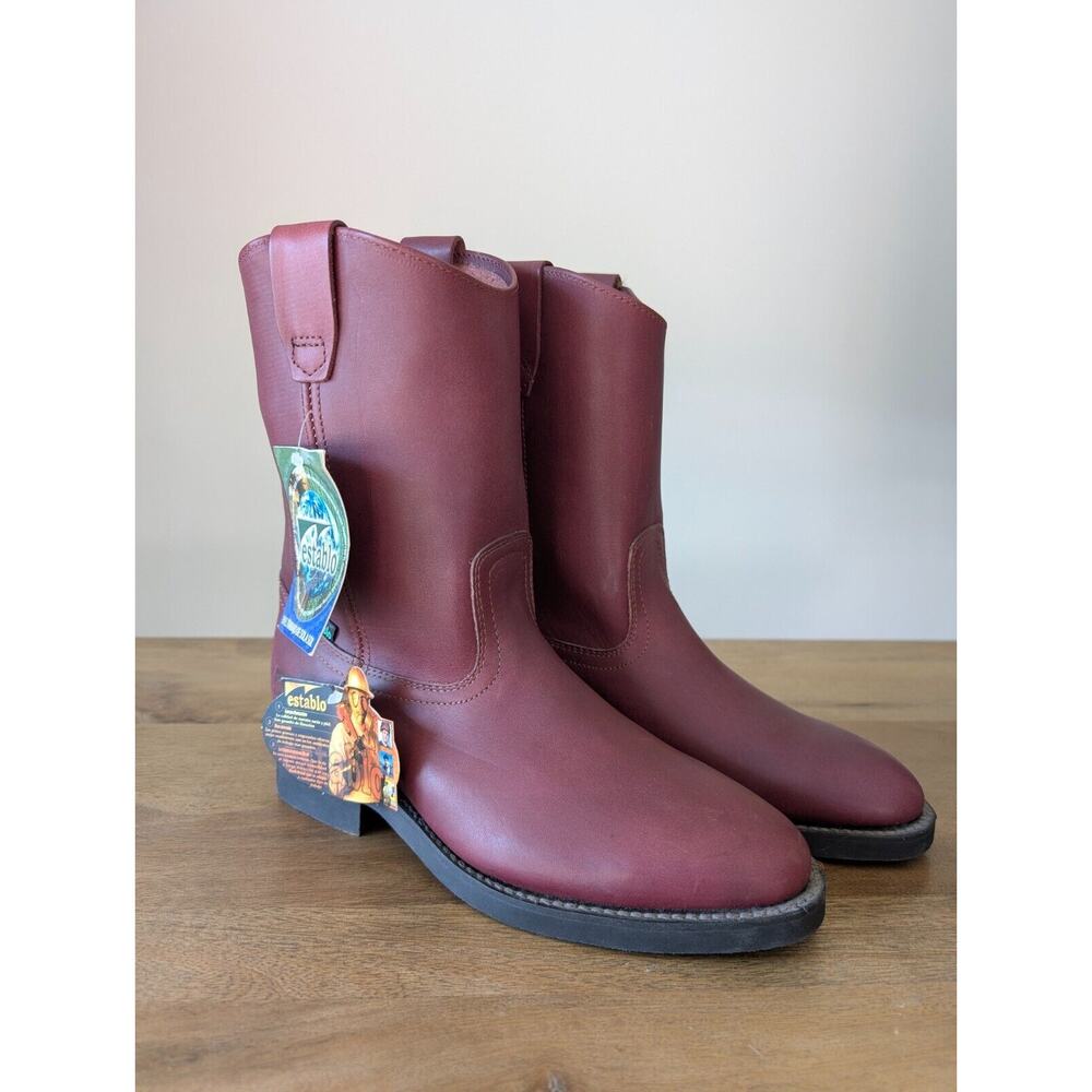 ESTABLO Shedron Wellington Work Boots Mens Size 6 Burgundy Leather Almond Toe